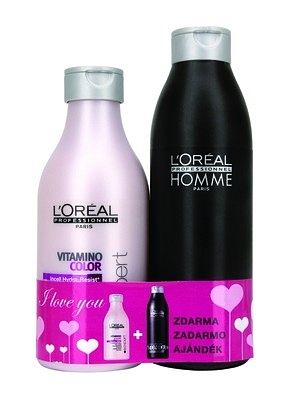 Speciální nabídka pro zamilované je tvořená dámským šamponem Vitamino color 250 ml pro barvené vlasy a dárkem zdarma v podobě pánského šamponu Homme Tonique 250ml pro každodenní použití. 