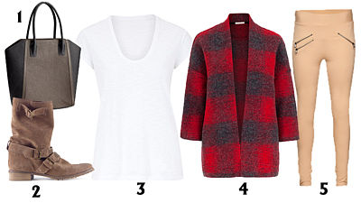 1. Prostorná kabelka, H&M 899 Kč. 2. Kozačky bez podpatku, Bershka 1899 Kč. 3. Bílé tričko, Esprit 1499 Kč. 4. Vlněný kabát, Esprit 3999Kč. 5. Legíny se zipy, Ann Christine 649 Kč.