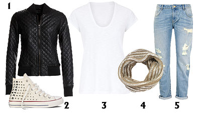 1. Koženková bunda, New Yorker 799 Kč. 2. Pohodlné tenisky, Converse 2290 Kč. 3. Bílé tričko, Esprit 1499 Kč. 4. Šála na krk, Orsay 499 Kč. 5. Boyfriend džíny, Esprit 1699 Kč.