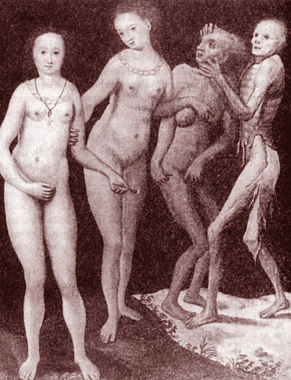 Alegorie smrti - Hans Baldung Grien a jeho Tři různě staré ženy se smrtí z 2. poloviny 16. století.