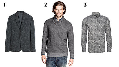 1. Šedé sako, Zara 1999 Kč. 2. Svetr přes hlavu se zapínáním, H&M 799 Kč. 3. Košile s motivem listů, New Yorker 529 Kč.